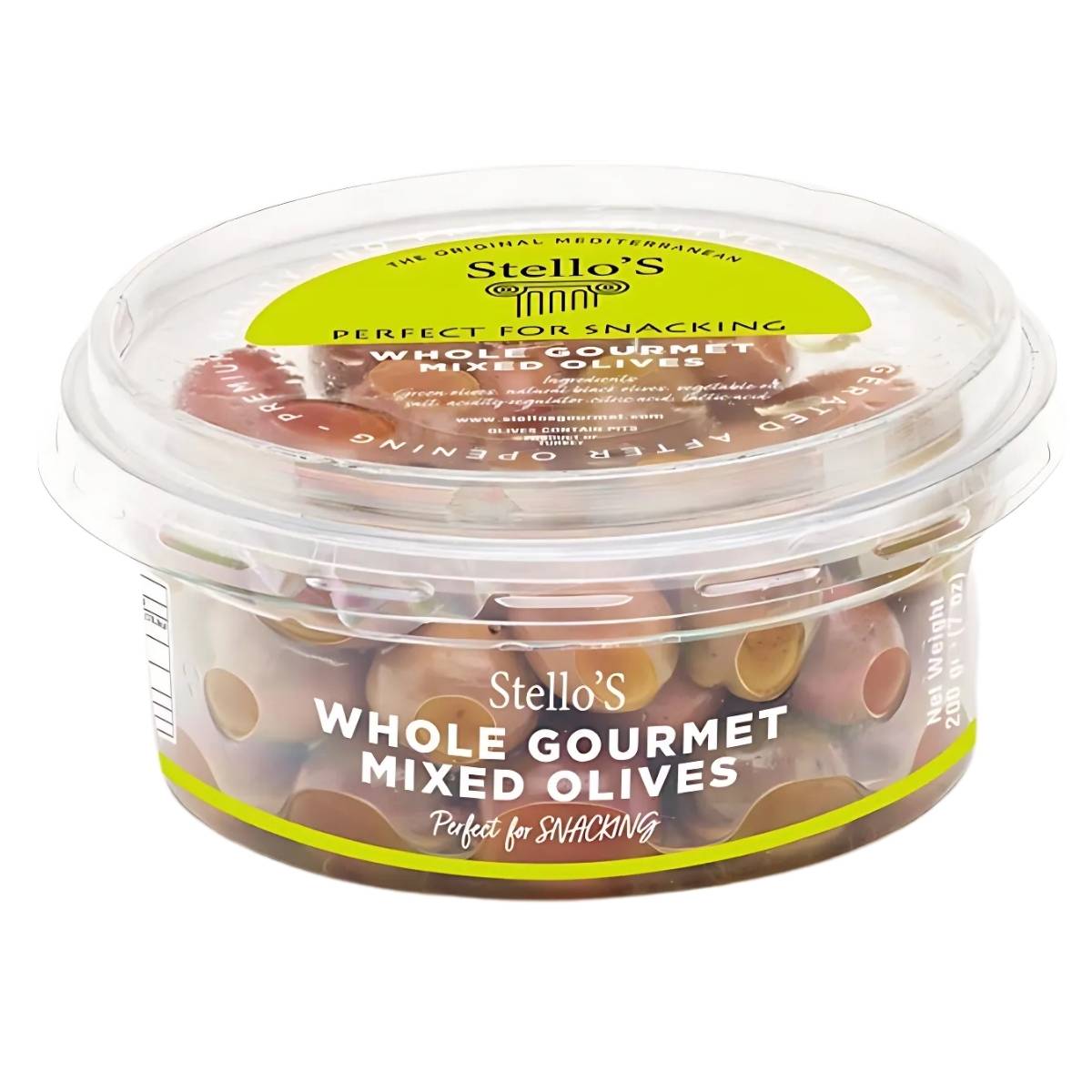 The clear plastic container of Stello's Whole Gourmet Mixed Olives (200g) showcases a colorful blend of green and black olives, making it an ideal snacking choice.