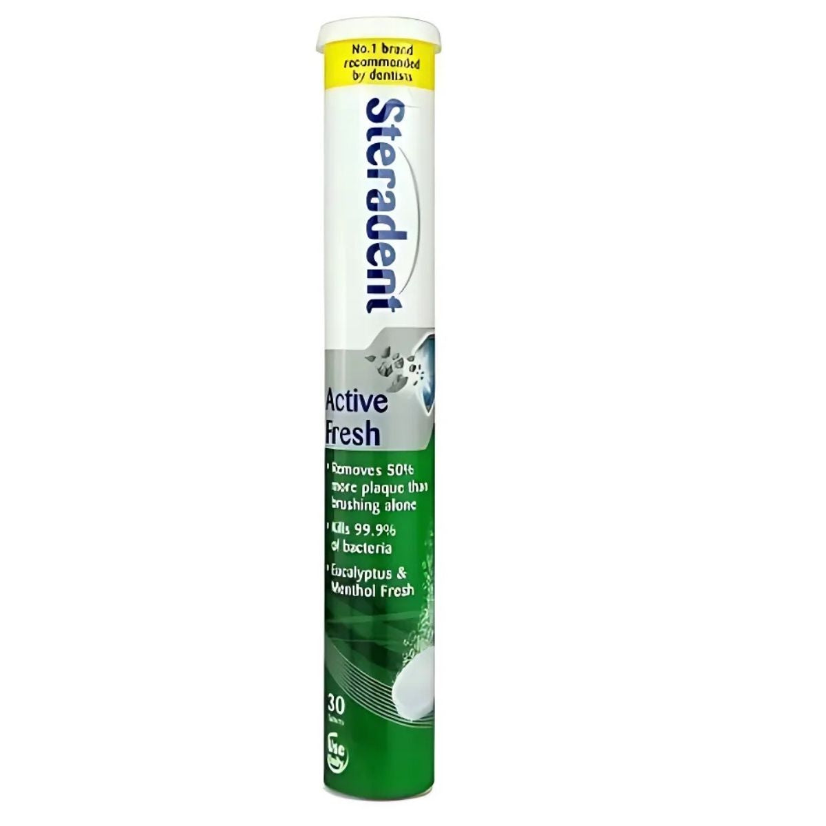 The Steradent Active Fresh Denture Cleanser features a green and white cylindrical container promoting effective plaque removal and bacteria elimination. It ensures dentures remain clean and stain-free, containing 30 tablets.