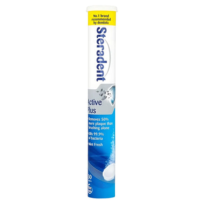Tall white and blue tube of Steradent - Active Plus Denture Cleanser (30 Tablets), labeled mint fresh and dentist-recommended, with bubbles and product details visible.