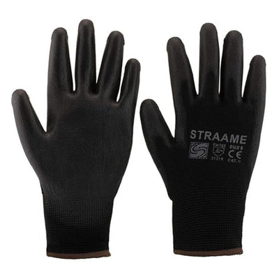 A pair of Sterling Black Work PU Gloves (26g) offering a strong grip, with one glove featuring the "Sterling" brand and safety markings on the back.
