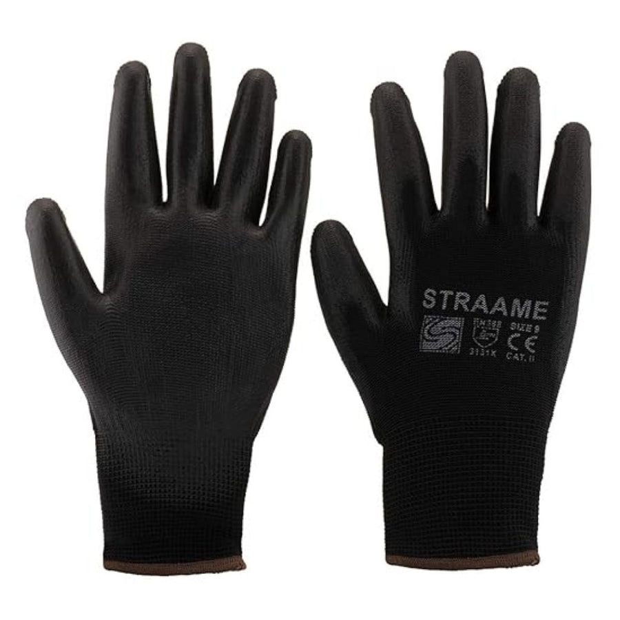 A pair of Sterling Black Work PU Gloves (26g) offering a strong grip, with one glove featuring the "Sterling" brand and safety markings on the back.