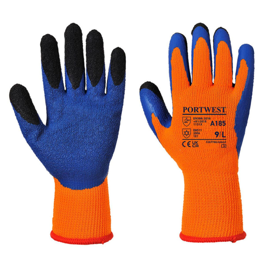 Sterling Orange & Blue Working Gloves (74g) feature black textured palms and safety info on the back, delivering reliable hand protection for any task.