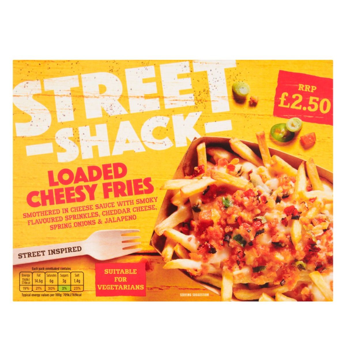 A box of Street Shack - Loaded Cheesy Fries - 250g, labeled as "Street Inspired" and "Suitable for Vegetarians." The fries are topped with cheese sauce, cheddar cheese, spring onions, smoky flavored sprinkles, crispy bacon bits, and jalapenos.