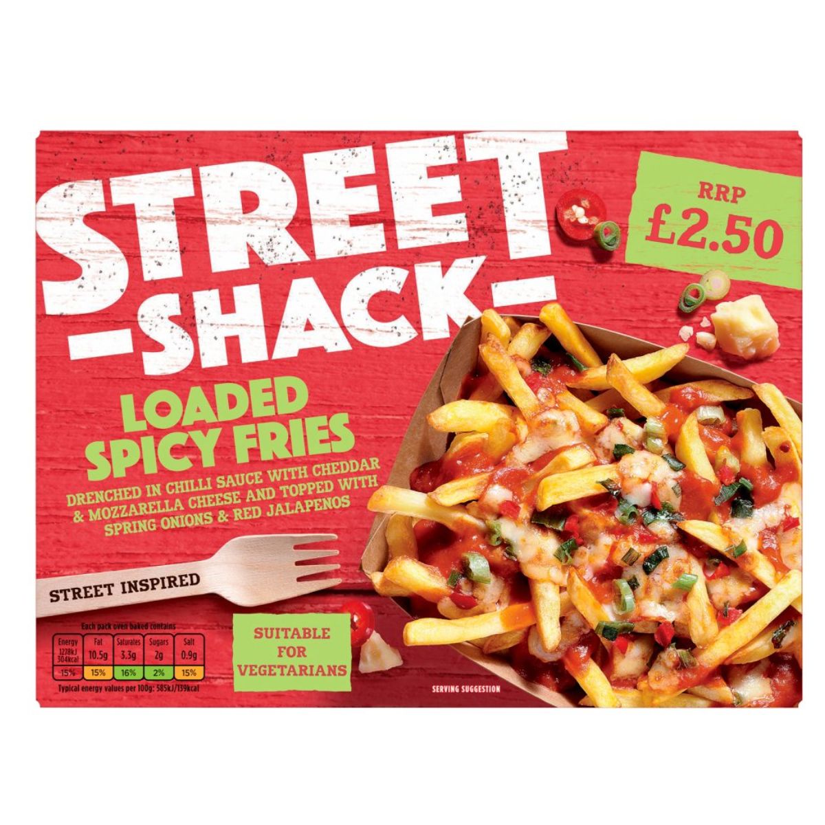 Packaging of 'Street Shack - Loaded Spicy Fries - 250g' shows fries topped with chili sauce, cheddar and mozzarella cheese, spring onions, and red jalapeños. With a fiery flavor, these vegetarian delights are priced at £2.50.