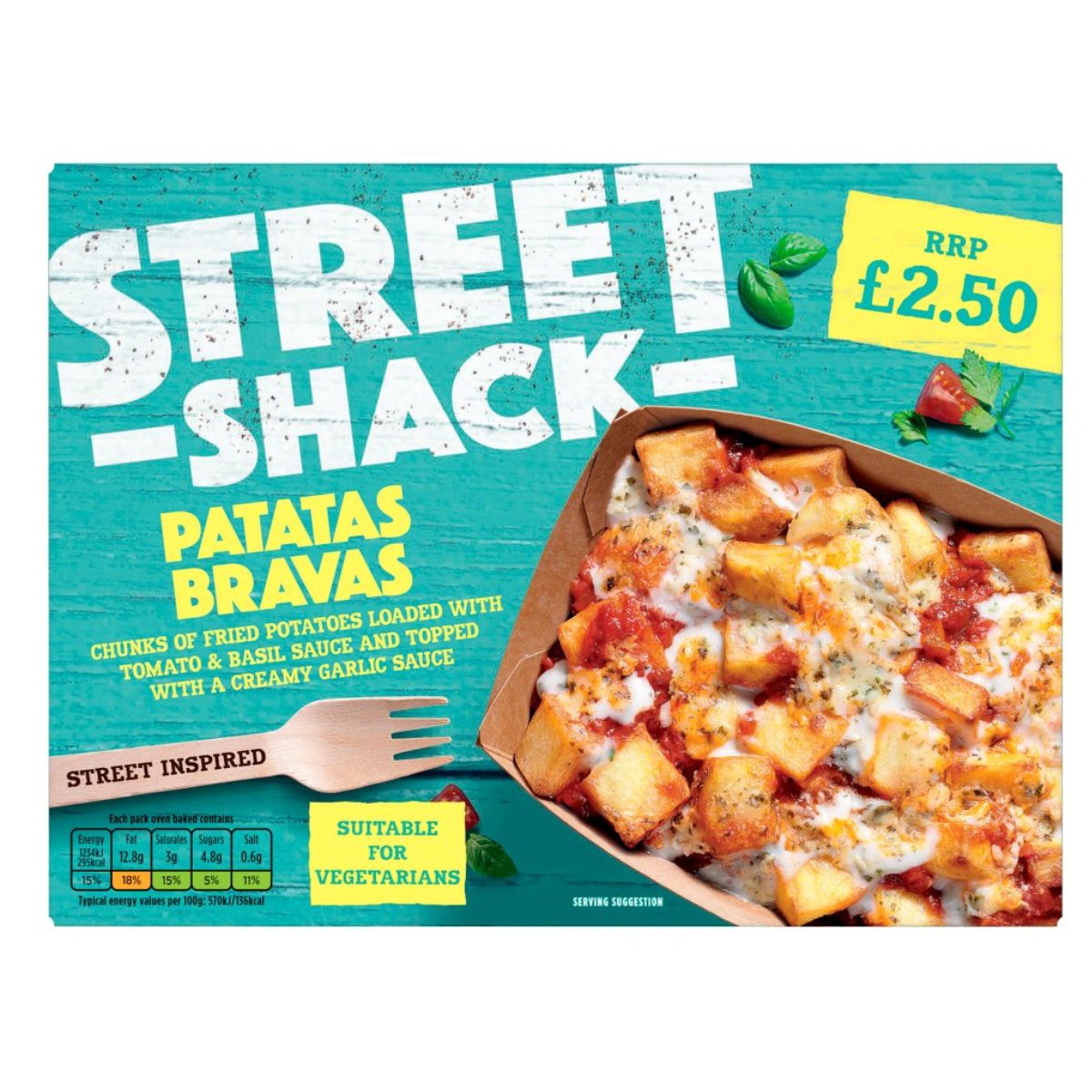 The Street Shack - Patatas Bravas - 250g package features delicious crispy potatoes with a tomato and basil sauce, topped with creamy garlic sauce. Priced at £2.50, this Spanish street food delight is suitable for vegetarians.