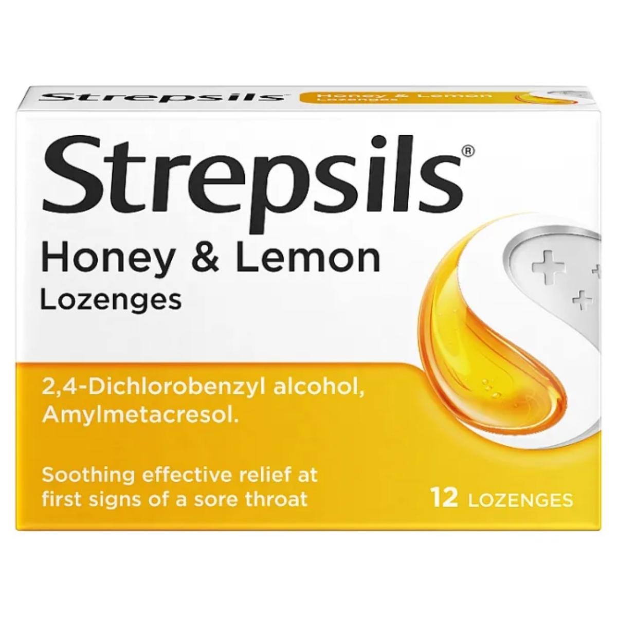 Image of a Strepsils - Honey and Lemon Lozenges - 12 Pack box. Contains lozenges with active ingredients, 2,4-Dichlorobenzyl alcohol and Amylmetacresol, for effective sore throat relief.