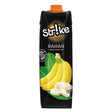 A 1L carton of Strike Banana Juice featuring images of whole and sliced bananas with green leaves on a black background.