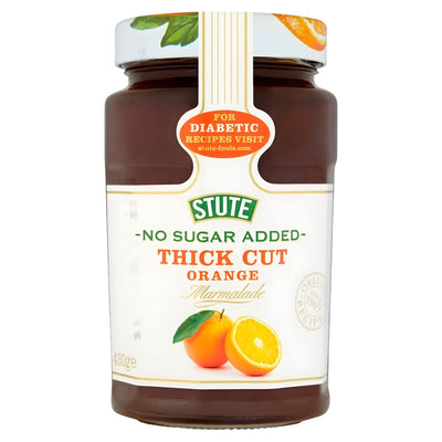 Stute No Sugar Added Thick Cut Orange Marmalade 430g, a sugar-free option suitable for diabetics, features oranges on the label and is an ideal choice for those seeking a healthier marmalade.