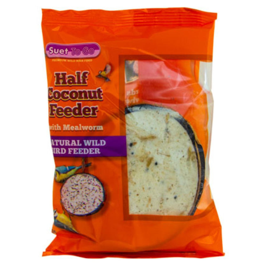 An orange package from Continental Food Store labeled "Suet To Go - Half Coconut Feeder - 1pcs" contains a visible half coconut shell filled with bird food.