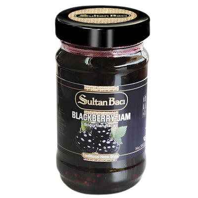 Sultan Baci - Blackberry Jam - 380g comes in a glass jar with a black label featuring blackberries, offering premium quality and authentic taste.