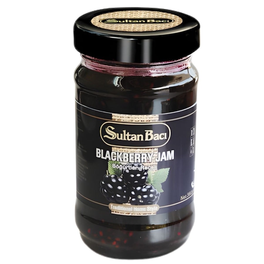Sultan Baci - Blackberry Jam - 380g comes in a glass jar with a black label featuring blackberries, offering premium quality and authentic taste.