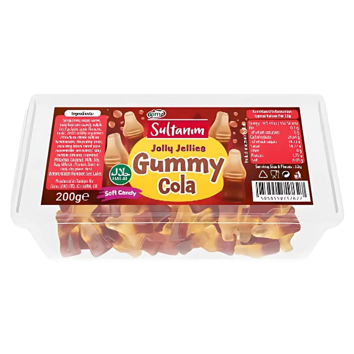 A clear plastic container filled with cola-shaped gummy candies, labeled "Sultanim - Gummy Cola - 200g." These tempting treats are packed with nostalgic cola flavors, ensuring a delightful experience.