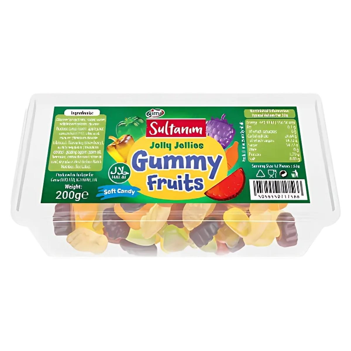 A clear plastic box of Sultanim - Gummy Fruits - 200g features a label adorned with vibrant fruit graphics and nutritional details, emphasizing these tasty fruit snacks as ideal chewy gummies for anytime enjoyment.