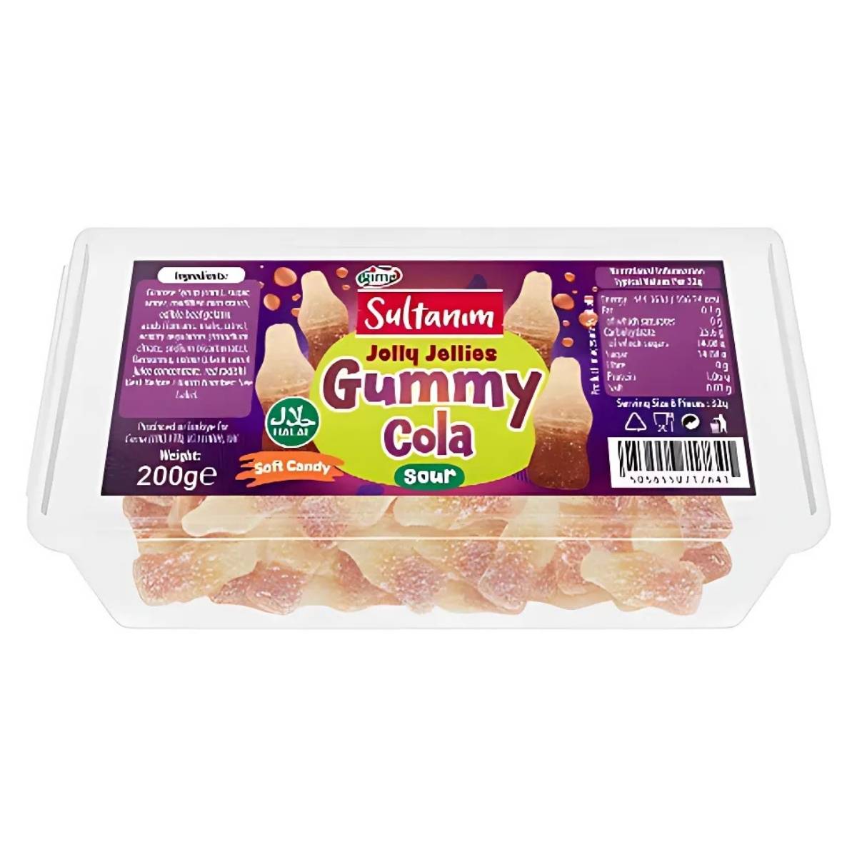 A container of Sultanim - Gummy Sour Cola - 200g, filled with chewy treats and gummies crafted in the shape of cola bottles. The label details nutritional information and assures a delightful taste of authentic cola extract in every bite.