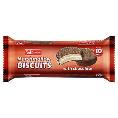A 220g pack of Sultanim Marshmallow Biscuits with Chocolate, featuring two biscuits on the front and text stating there are 10 pieces inside.