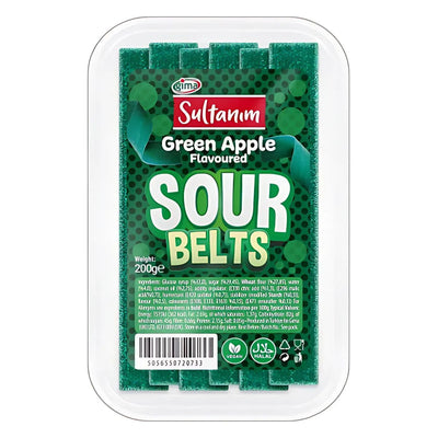 A 200g plastic container of Sultanim Sour Belts Green Apple Flavour, with vegan, halal, and gluten-free labels on the packaging.