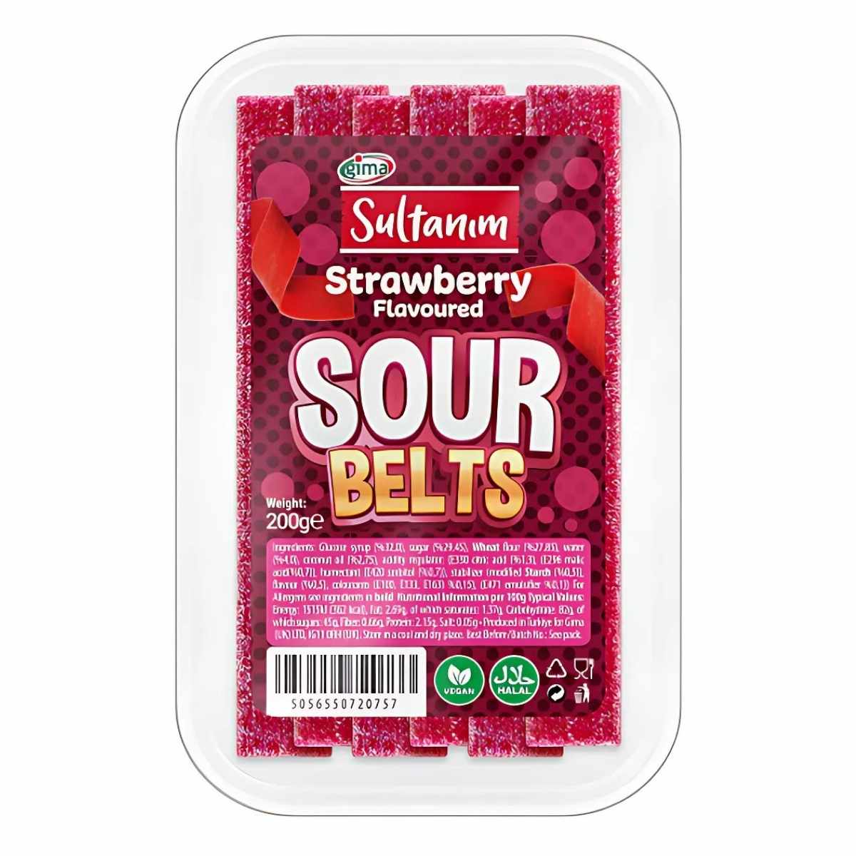 A 200g container of Sultanim - Sour Belts Strawberry Flavoured shows vibrant red candy strips and the product label—ideal for those who love chewy, strawberry-flavoured sour candy.