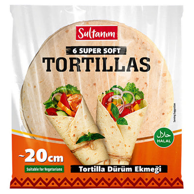 A 6-pack of Sultanim Super Soft Tortilla Wrap Bread, 20cm each, labeled suitable for vegetarians and halal, featuring images of vegetable wraps on the front.