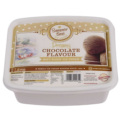 A 2L tub of Summer Time Chocolate Flavour Ice Cream, ideal for summer desserts, features chocolate ice cream imagery and a river scene on the label.