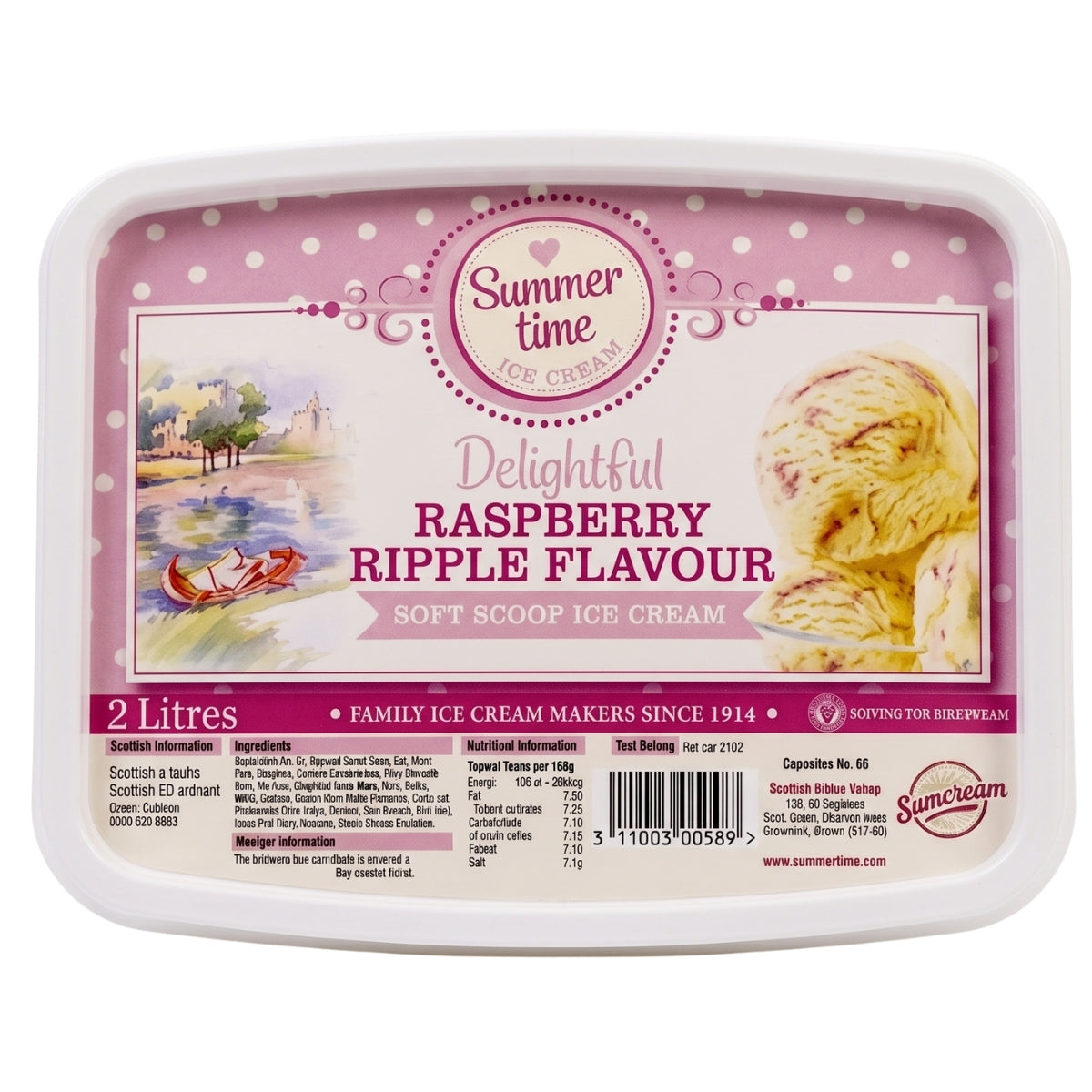 A 2 litre tub of Summer Time Ice Cream in Raspberry Ripple Flavour, featuring a pink and white label with illustrations of a lake scene and ice cream scoops.