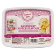 A 2 litre tub of Summer Time Ice Cream in Raspberry Ripple Flavour, featuring a pink and white label with illustrations of a lake scene and ice cream scoops.