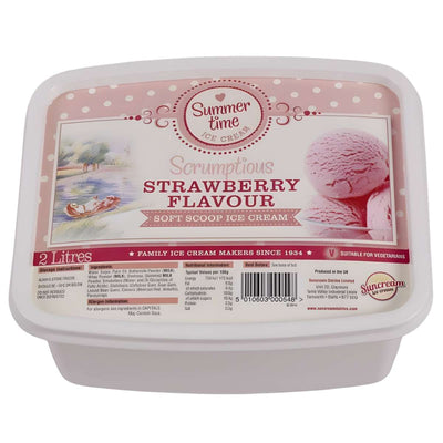 Summer Time Strawberry Flavour Ice Cream Tub (2L) is a creamy, vegetarian treat with a pink label and tempting scoops pictured—perfect for sharing on warm days.