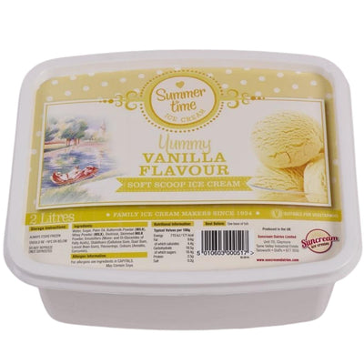 Enjoy classic vanilla flavour all summer with a 2L Summer Time Vanilla Flavour Ice Cream Tub, featuring a yellow and white label with charming illustrations and product details.