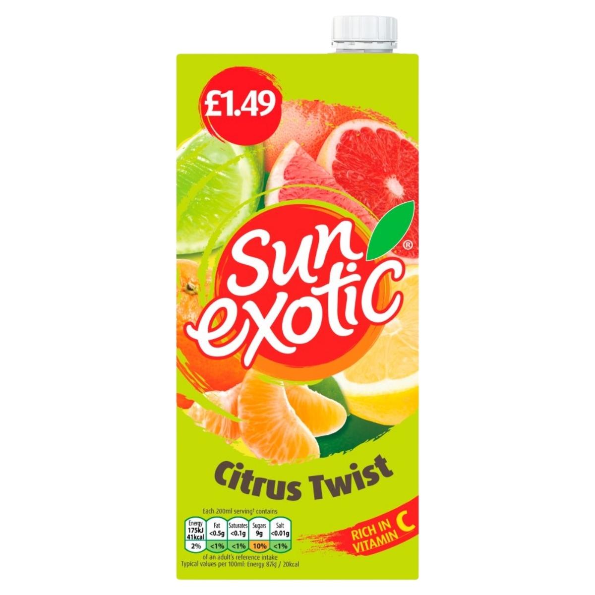 Sun Exotic - Citrus Twist Drink - 1L, featuring assorted citrus fruit images, price marked at £1.49, labeled "Rich in Vitamin C," and made with fruit juice concentrate from the Sun Exotic brand.
