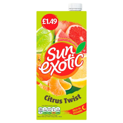 Sun Exotic - Citrus Twist Drink - 1L, featuring assorted citrus fruit images, price marked at £1.49, labeled "Rich in Vitamin C," and made with fruit juice concentrate from the Sun Exotic brand.