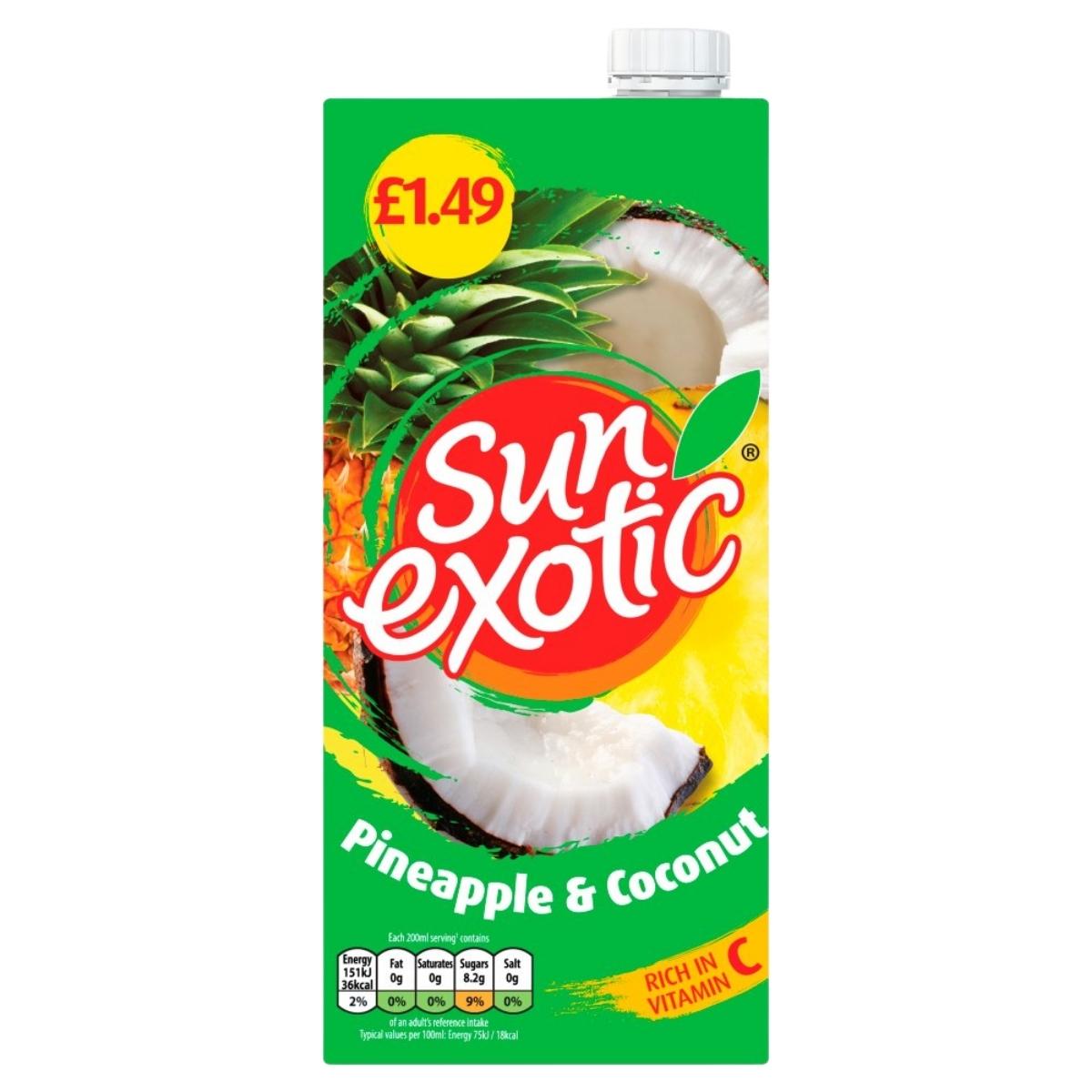 Sun Exotic - Pineapple & Coconut Juice 1L, priced at £1.49, features vibrant pineapple and coconut imagery and is rich in vitamin C.
