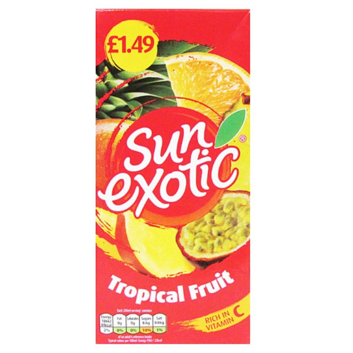 Sun Exotic tropical fruit juice box with fruit images and price on a red background