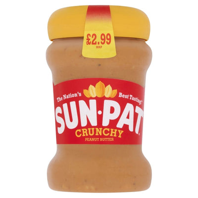 A 300g jar of Sun Pat Crunchy Peanut Butter with a yellow lid and red label—delicious as a protein-rich spread. RRP £2.99.