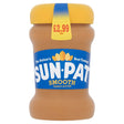 A 300g jar of Sun-Pat Smooth Peanut Butter with a blue label and yellow lid, priced at £2.99.