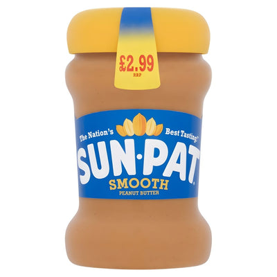 A 300g jar of Sun-Pat Smooth Peanut Butter with a blue label and yellow lid, priced at £2.99.