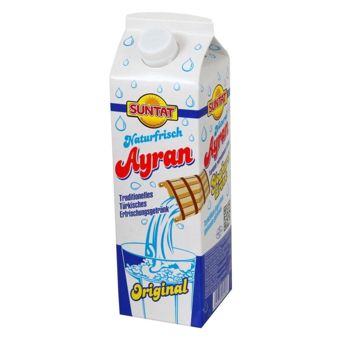 A carton of Suntat - Ayran Natural - 1L, a refreshing drink and traditional Turkish yogurt beverage, features the label "Original" alongside images of pouring Ayran into a glass.