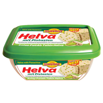 A 350g green-lidded tub of Suntat Halva With Pistachios features tempting images of pistachio halva slices and pistachios, with German and Turkish text on the packaging.