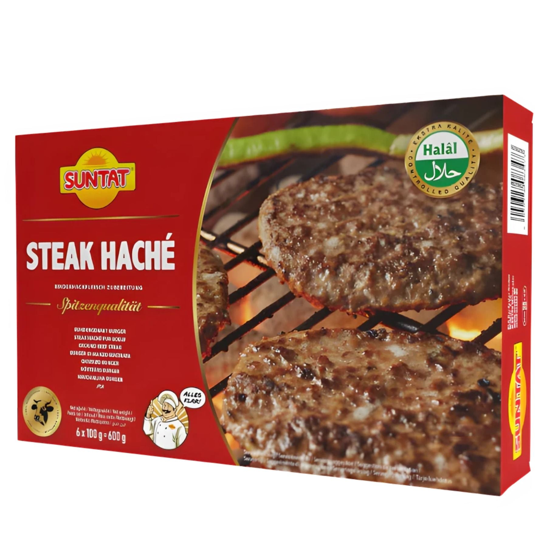 Suntat Beef Steak Burgers (6 x 100g) are made from premium beef, Halal certified, and feature grilled patties on the pack—perfect for quick and tasty meals. Total weight: 600g.