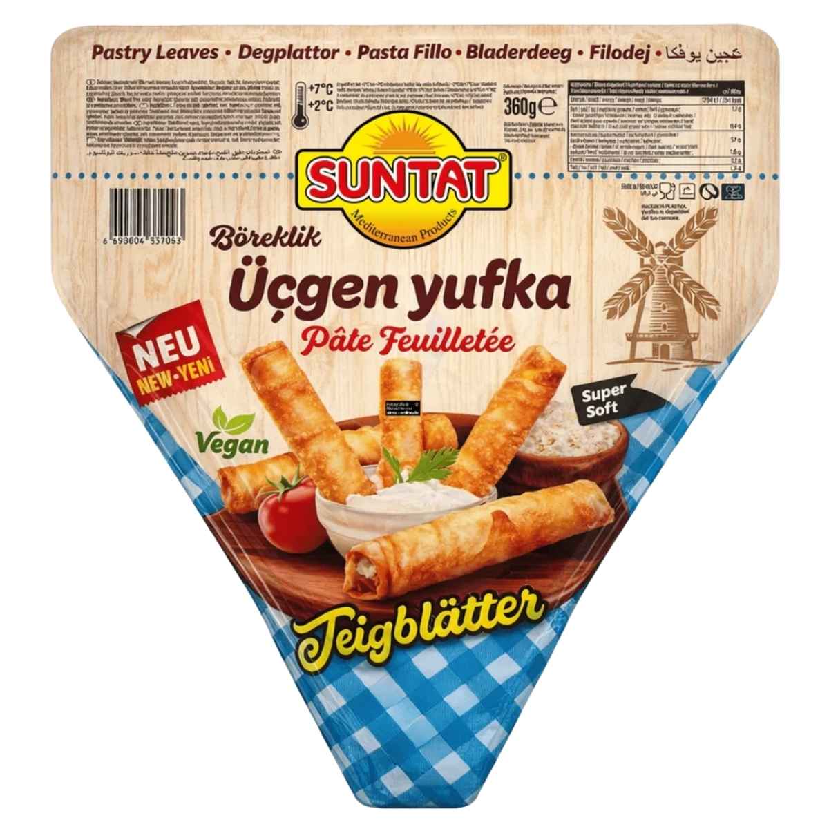 Suntat Ucgen Yufka 360g comes in a triangle-shaped pack with images of pastry rolls, tomatoes, and dip. The packaging displays product info in several languages, ideal for preparing authentic Turkish yufka dishes.