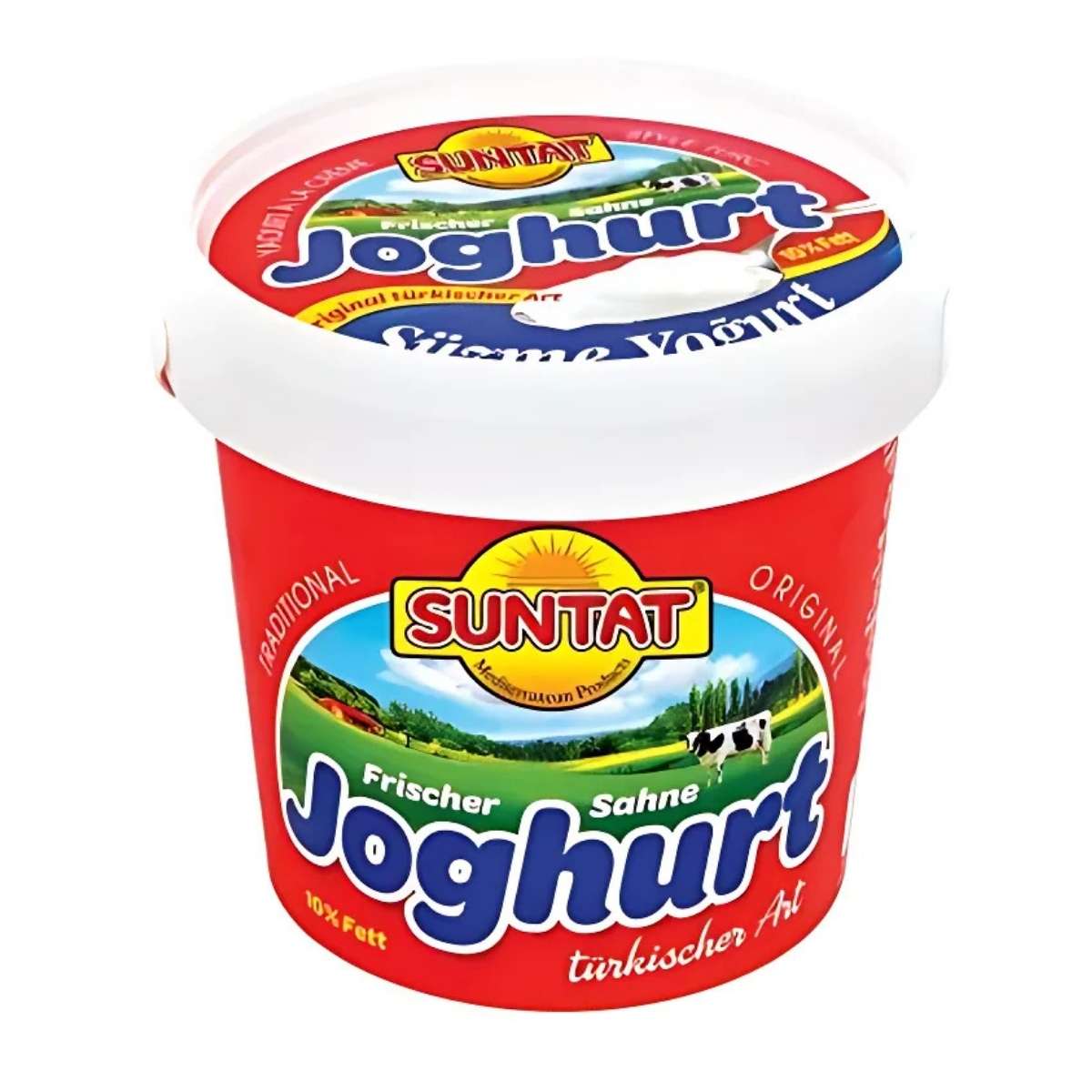 Suntat's 10% fat Turkish style fresh cream yogurt, in a red container, provides a creamy yet nutritious indulgence.