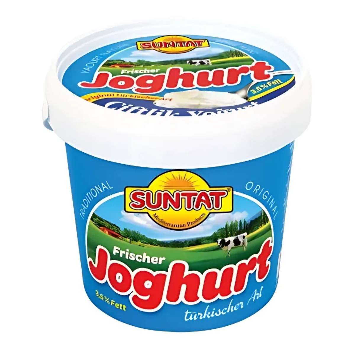 Blue tub of Suntat Yogurt, 3.5% fat, showcases a sun and farm scene logo with a cow image and German text celebrating its traditional Turkish recipe, offering an authentic taste crafted with care.