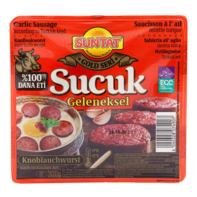 A 300g pack of Suntat Gold Seri Traditional Sucuk (Halal), with images and multilingual labels on the front—ideal for a delicious, savoury breakfast.