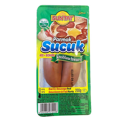 Suntat - Parmak Sucuk (Halal) - 200g is a Turkish finger sausage made with aromatic spices. The packaging features images of sliced sausage, highlighting this flavorful and halal-certified staple of Turkish cuisine.