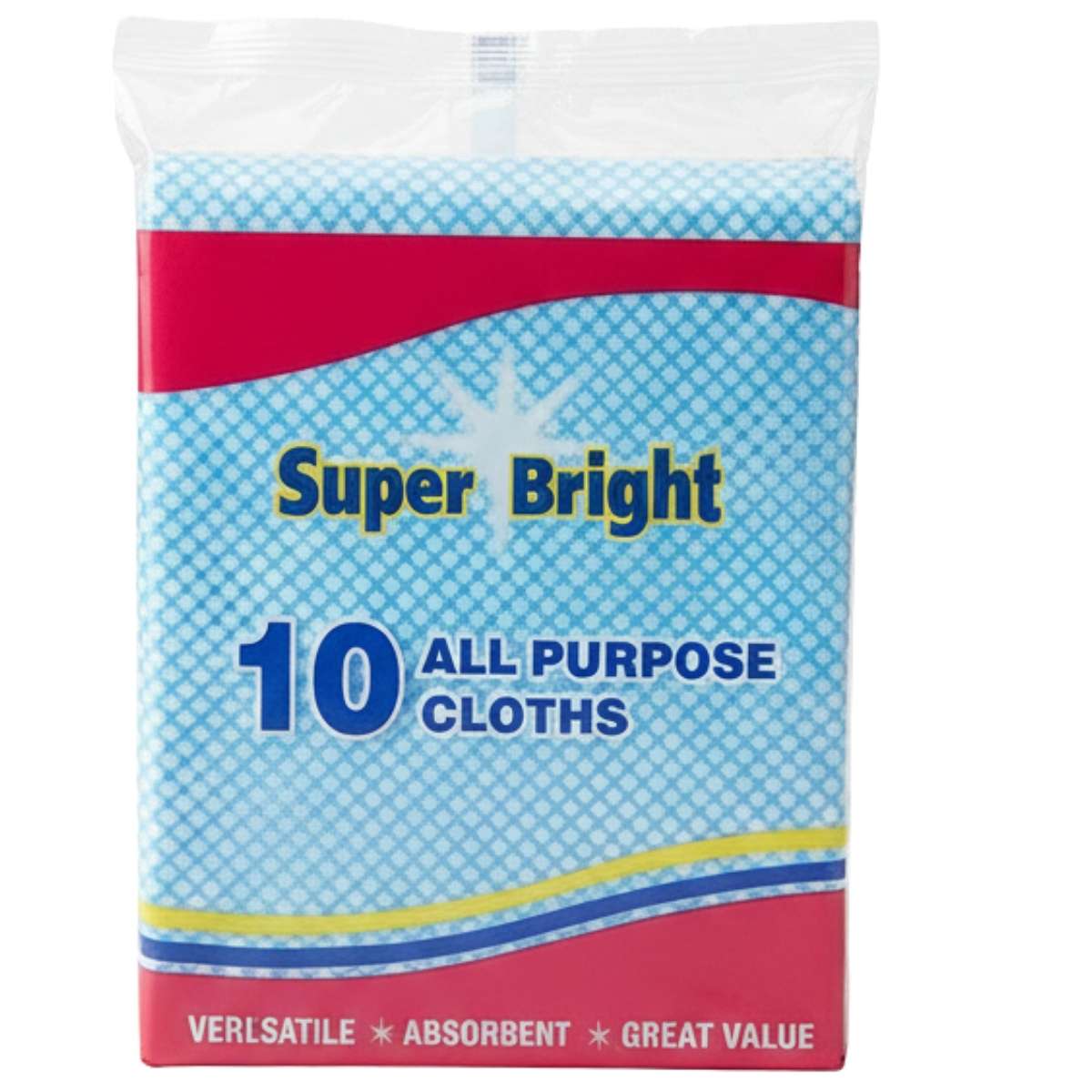 Super Bright - All Purpose Cloths - 10 Pack offers 10 highly absorbent cleaning cloths in blue, red, and white packaging, emphasizing versatility and great value from the Super Bright brand.