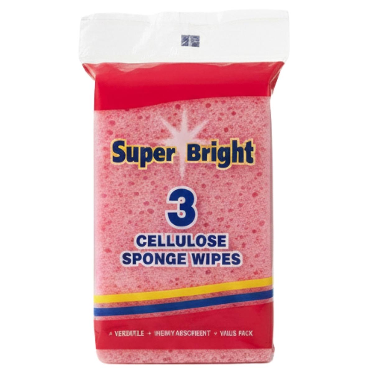 A pack of Super Bright Cellulose Sponge Wipes (3pcs) features three pink wipes, wrapped in red and white with product details from the Super Bright brand.