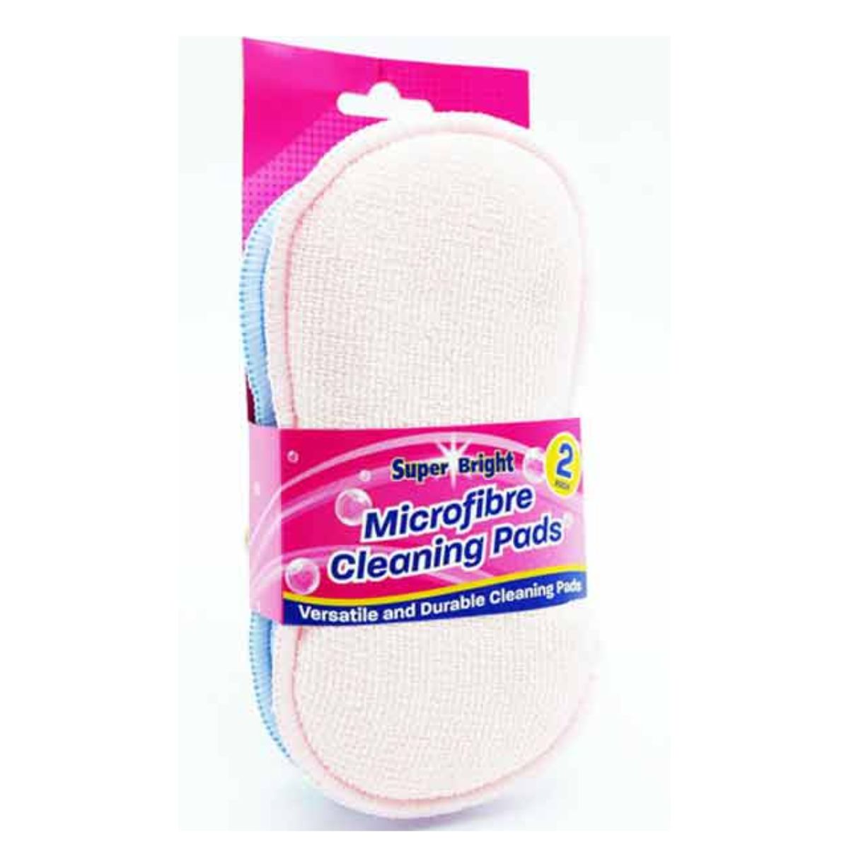 The Super Bright Microfibre Cleaning Pads 2pcs set includes white pads with pink and blue edges in retail packaging—reusable and ideal for easy everyday cleaning.