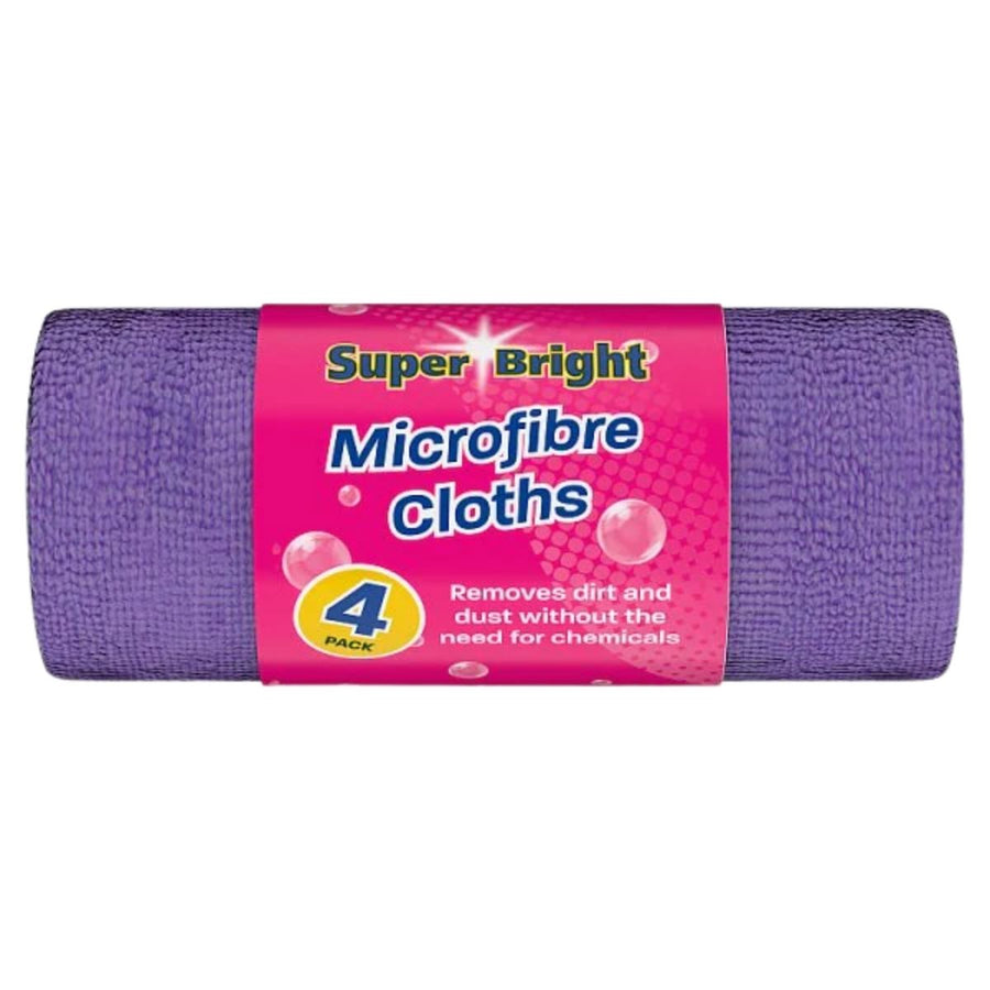 Super Bright - Microfibre Cloths - 4 Pack come in purple packaging and are ideal for streak-free cleaning, removing dirt and dust without chemicals.