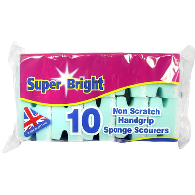 A pack of 10 Super Bright Non Scratch Handgrip Sponge Scourers with a British flag on the label. Tough on dirt, safe for non-stick cookware.