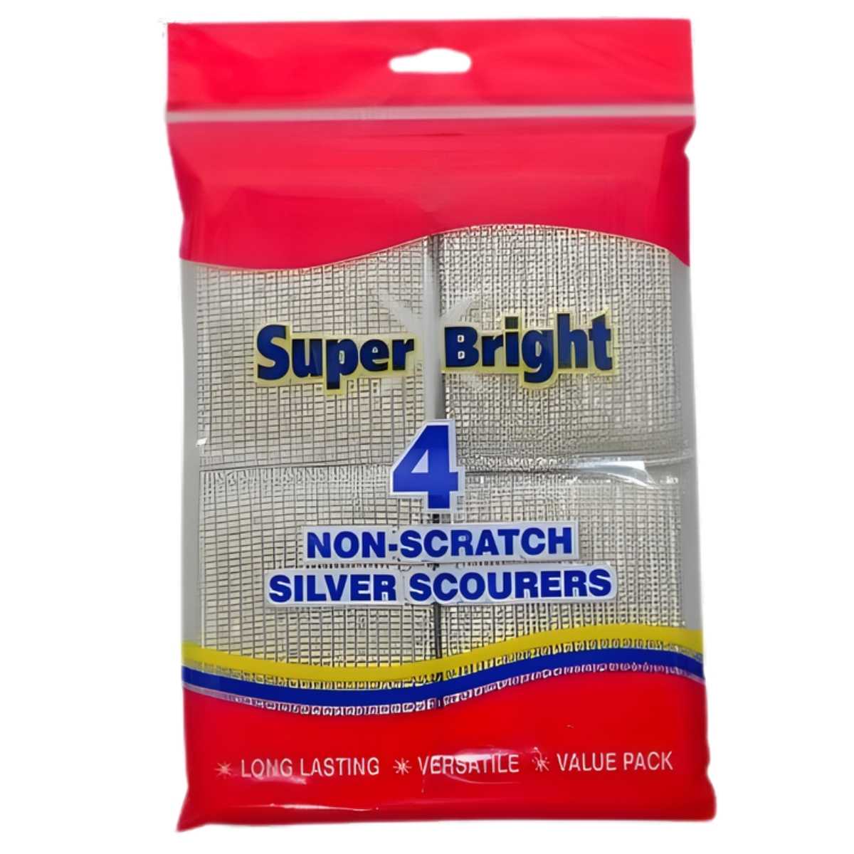 The Super Bright Non Scratch Silver Scourers 4Pack offers powerful, gentle cleaning for delicate surfaces in a red and clear package labeled long lasting, versatile, and value pack.