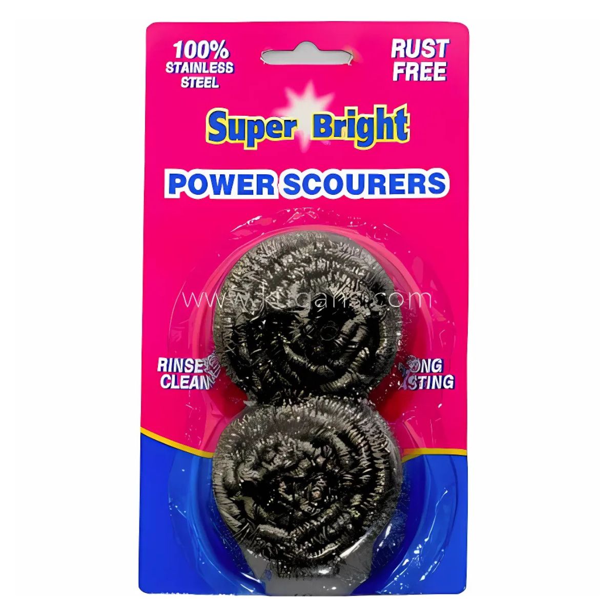SuperBright Power Scourers, 2pcs in plastic pack, offer effective scrubbing and are rust-free, rinse clean easily, and long lasting.
