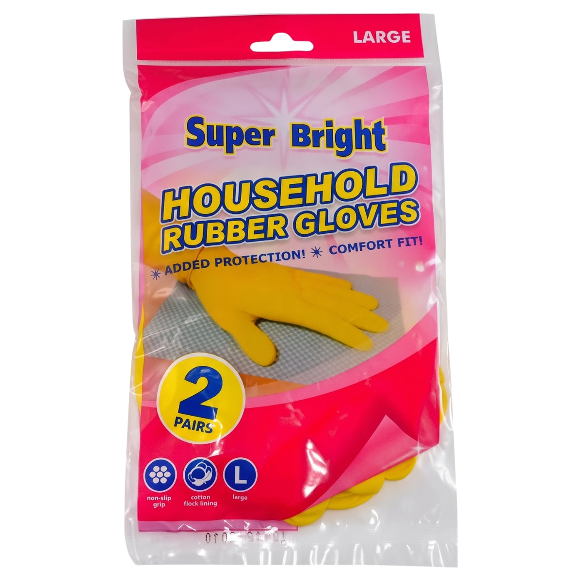 Two pairs of yellow Super Bright - Rubber Gloves Large - 2 Pairs in a plastic bag with labeling indicating size large and non-slip grip.